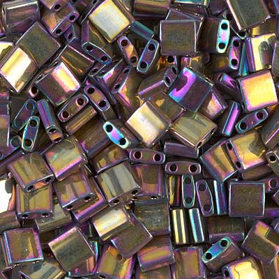 6mm Square Glass Czech Two Hole Tile Bead, Purple Iris Gold