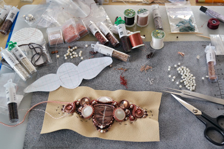 Bead embroidered cuff in progress by Barbara Richardson